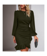 Autumn Elegant Solid Round Neck Bubble Sleeve Dress - £48.73 GBP