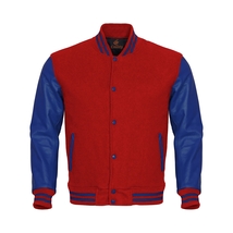 Letterman Varsity Bomber Baseball Jacket Red Body &amp; Blue Leather Sleeves - £88.50 GBP
