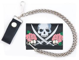 ROSES SKULL CROSSED SWORDS TRIFOLD BIKER WALLET W CHAIN mens LEATHER #59... - $9.45