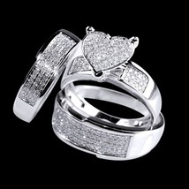 White Gold Fn Men Women His Her Diamond Heart Shape Bridal Wedding Trio Ring set - £119.55 GBP