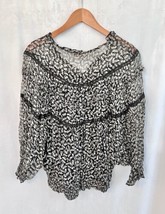 SUNDANCE Kitty Cat Long Sleeve Silk Peasant Top Black White Tie Neck MED... - $39.99