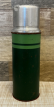 Montgomery Ward MW Metal Glass Lined Thermos Green Striped w/ Cork - Vin... - $33.85