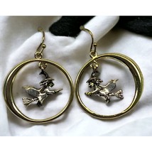 Halloween Witch Earrings Flying Broom Ride Gold Silver Tone Dangle 1&quot; - £11.04 GBP