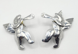 2 Christmas Trumping Angels Pin Brooch Earrings Silver-tone Metal  Estate 2&quot; - £11.74 GBP