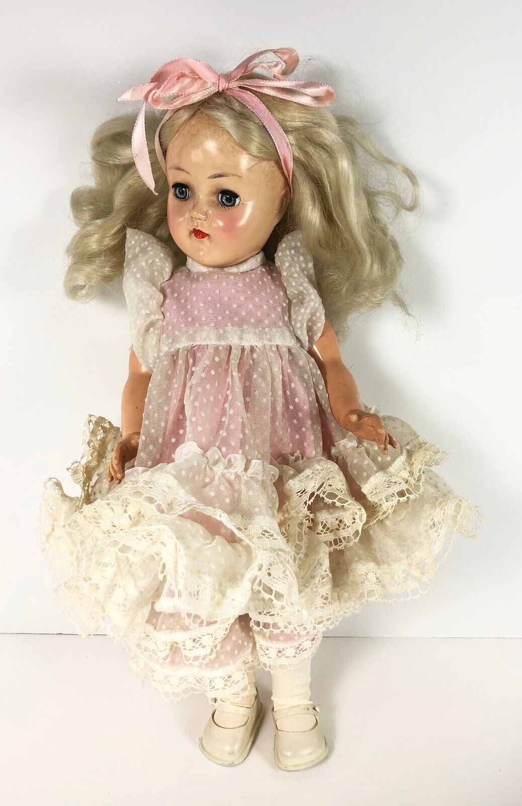 Vintage Ideal P 90 Blonde Hair Blue Eyes Doll 14" Pink Swiss Dot Clothes - $34.64