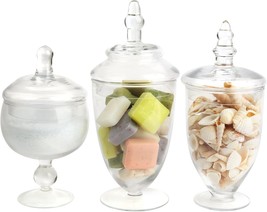 Mantello Apothecary Jars With Lids- Decorative Glass, Clear, Small, Set Of 3 - £40.71 GBP