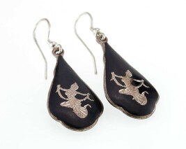 Vintage Argent Sterling Siamois Niello Gravé Goutte Boucles Double Face - $2,214.86 MXN