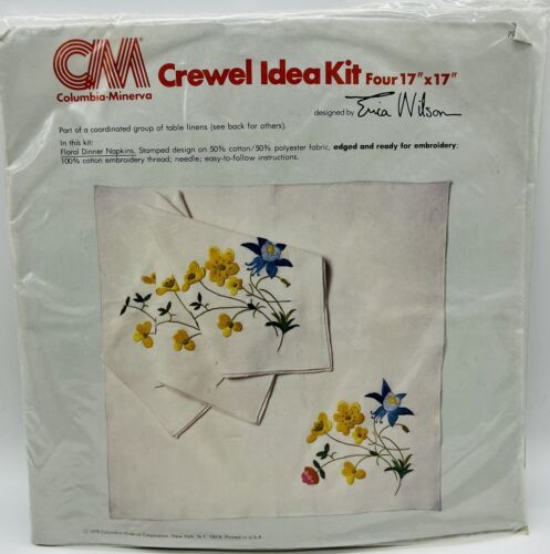 Columbia Minerva Crewel Idea Kit Erica Wilson 4 Napkins Floral 17x17 inch 1979 - £22.05 GBP