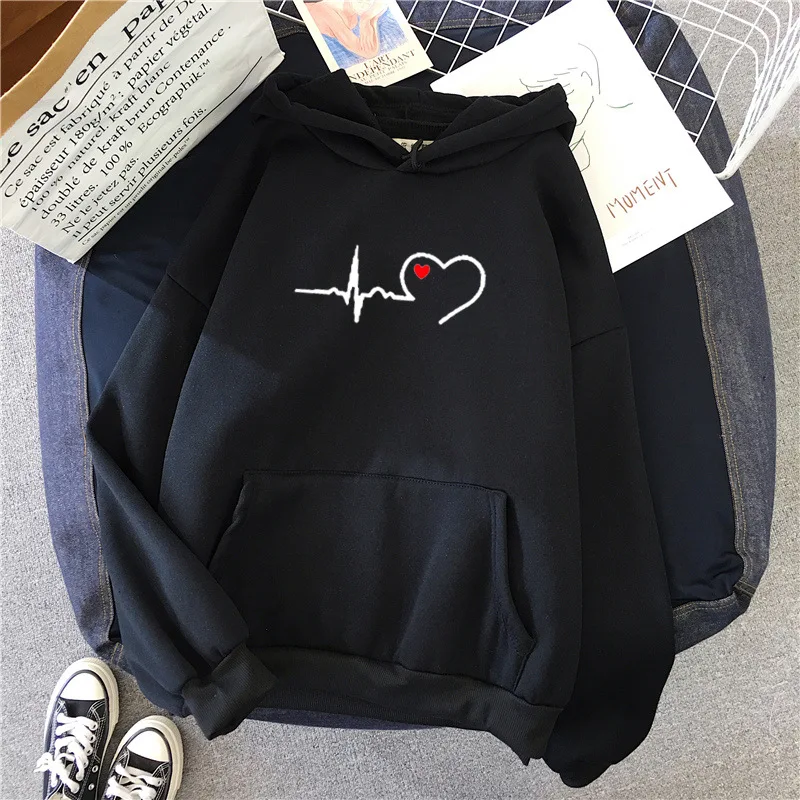 Harajuku Casual Women Hoodies Heartbeat Printed Sweatshirt Long Sleeve H... - $86.95