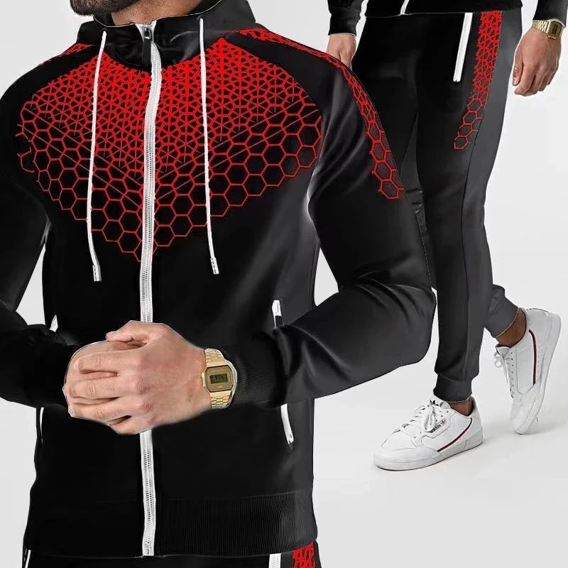  men&#39;s casual suit winter new  Splice jogging suit zipper hoodie + pants 2PC sui - £83.95 GBP