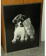 pen &amp; ink drawing Puppy &amp; Kitten signed Campbell 16 x 20 framed  - $68.38 CAD