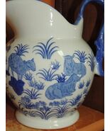 Vintage Pitcher 9+" unsigned Blue &amp; White woman carrying water Sheep Goats - $13.49