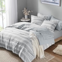 Codi Comforter for Queen Size Bed, 7 Pieces Grey White Striped Bed in a Bag Reve - £64.99 GBP