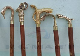 Antique Walking Stick Set of 5 Pcs  Wooden Cane Brass Handle Knob mariti... - £72.85 GBP
