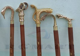 Antique Walking Stick Set of 5 Pcs  Wooden Cane Brass Handle Knob mariti... - £68.45 GBP