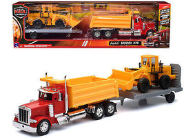 Peterbilt 379 Dump Truck Red Wheel Loader Yellow w Flatbed Trailer Long ... - £49.56 GBP