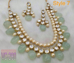 VeroniQ Trends- Designer Double Line Kundan/Polki Pearl With Green Beads Necklac - £56.09 GBP