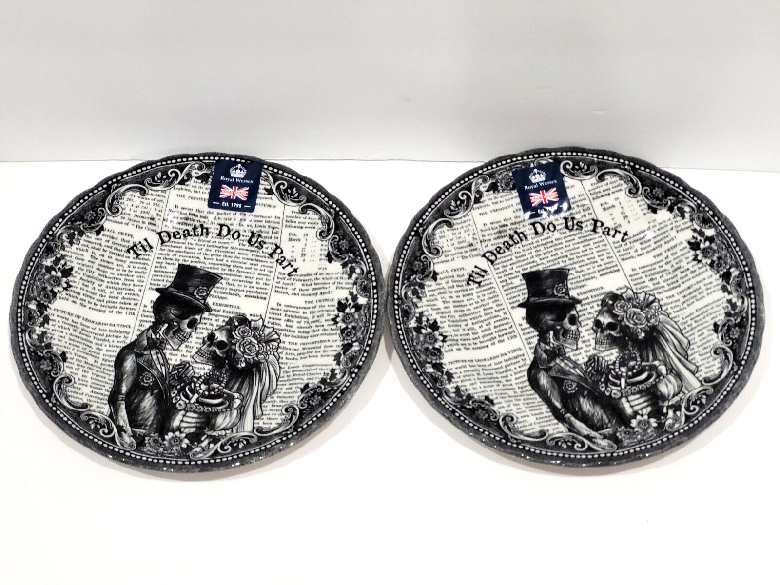 x2 Halloween Royal Wessex Skeleton Bride Groom Couple Salad Side Plates ... - $35.63