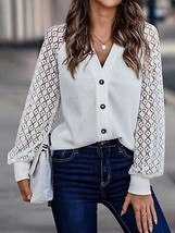 Shiny Lantern Sleeve V-Neck Button-Down Cardigan - £21.55 GBP