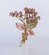 Vintage Pink Enamel Bouquet Rose Flowers Branch Rhinestones Gold Tone Br... - $22.44