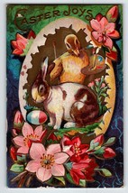 Easter Postcard Bunny Duck Painter With Easel Rabbit Painted Egg Embossed Flower - £18.26 GBP