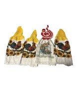Vintage Chicken Kitchen Towels - Crocheted Top - Rooster Hen Farm Set Of 4 - $14.69