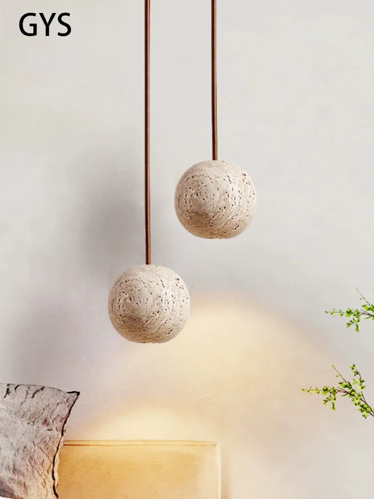 Led Pendant Lamp Stone Yellow Travertine Chandelier Bedside Small Round ... - $78.30