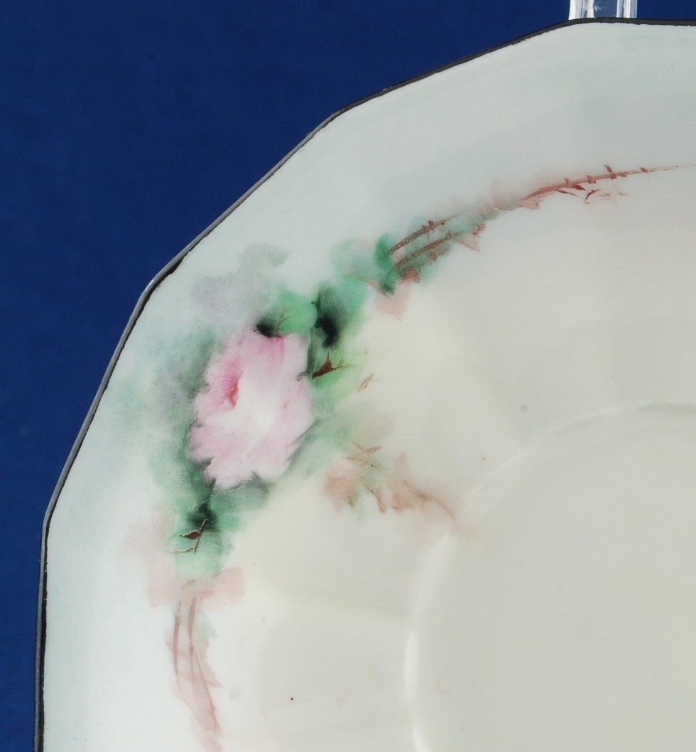 T&V Limoges France Demitasse Saucer Hand Painted Pink Roses Blue Rim Item image 2