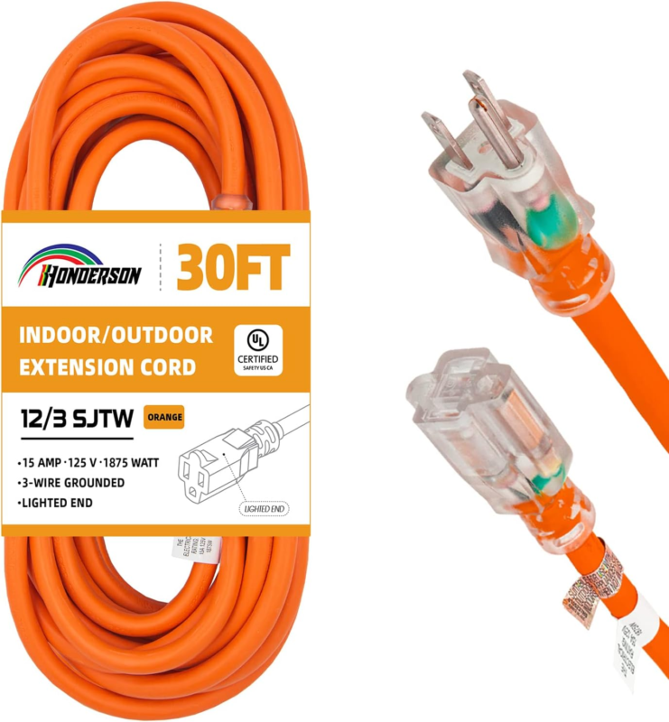 Primary image for HONDERSON 30FT 12/3 Lighted Outdoor Extension Cord - 12 Gauge 3 Prong SJTW Heavy