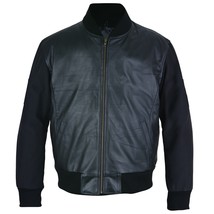 Plain black jacket men leather jacket with wool sleeves 1 thumb200