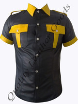 Mens Genuine Leather Leder Cuir Black & Yellow Police Military Shirt Medium - $77.87