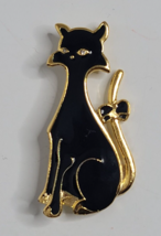 Black Cat Rhinestone Eyes Bow Vintage Gold Tone Brooch Pin - $14.99