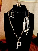 &quot;P&quot;  or &quot;B&quot; Faux Pearl Gold tone Necklace, Bracelets, Earrings and Ring Set,OOAK - £11.76 GBP+