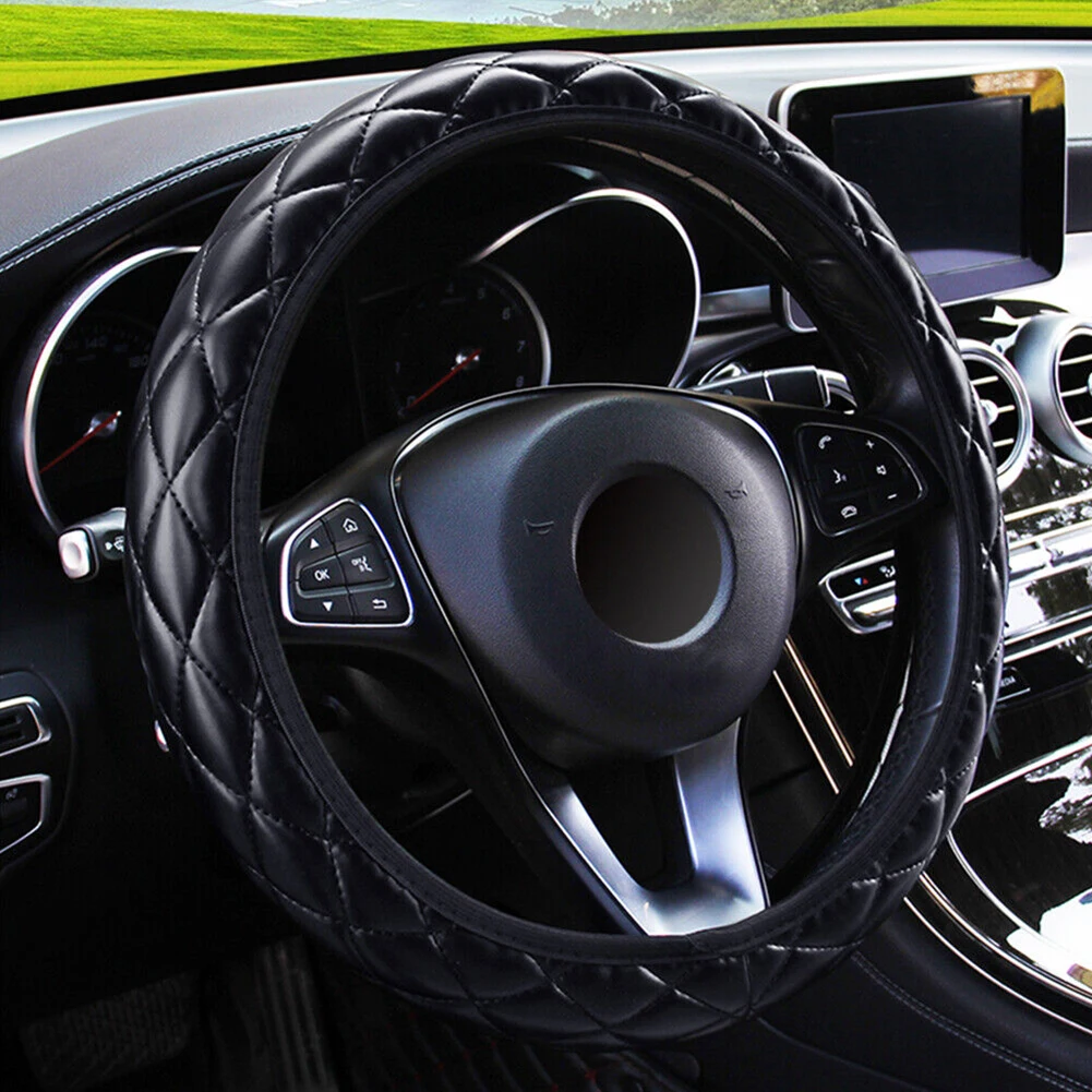 Car Steering Wheel Cover Black PU Leather Case 37-38cm Soft Leather Fashion Co - £13.56 GBP