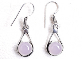 Rond Rose Quartz Fait Main Rhodium Poli Femelle Chaton Pendantes Oreille... - £25.12 GBP