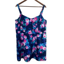Jessica Simpson Dress 2X Blue Pink Rose Floral Corset Smocked Micro Ribbed Mini - £23.96 GBP