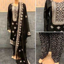 Pakistani Black Straight Shirt 3-PCS Lawn Suit w/ Threadwork ,M - £70.34 GBP