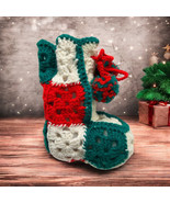 Vintage Handmade Crocheted Christmas Stocking Boot Granny Square red gre... - $17.81