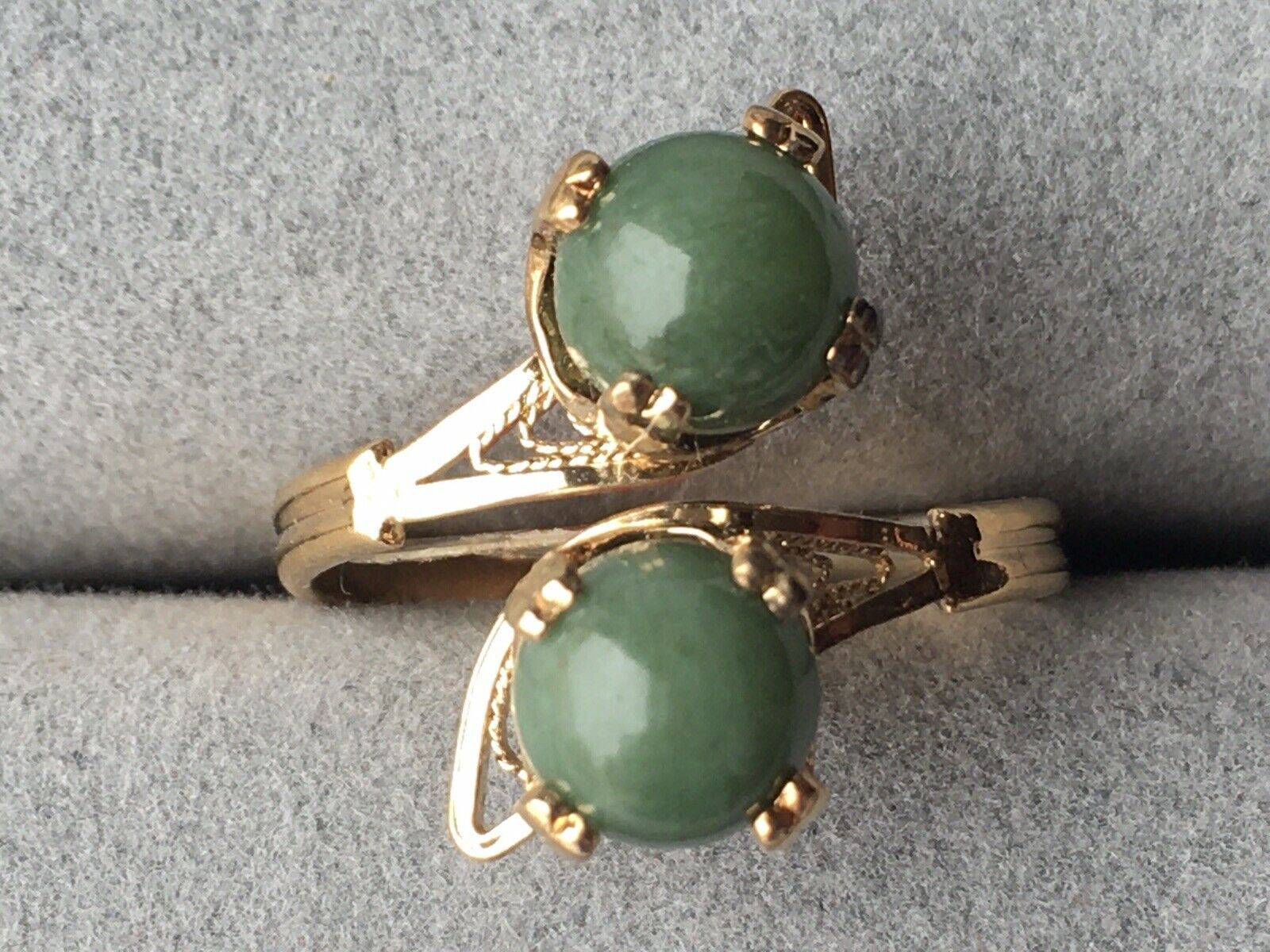 Sterling Silver Double Bead Jade Bypass Ring Gold Plated - $15.68