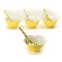 Set of 4 Porcelain Lotus Shaped Yellow Soup Rice Bowls With Spoons Japan... - £47.45 GBP