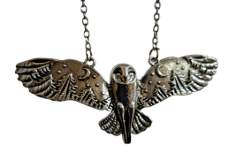 Owl Pendant Necklace Large Winged Barn Owl Tree Totem Moon Silver Tone 20&quot; Chain - £5.48 GBP