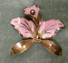 Vintage Pink Enamel &amp; Gold Tone Orchid Flower Statement  Pin Brooch - £11.80 GBP