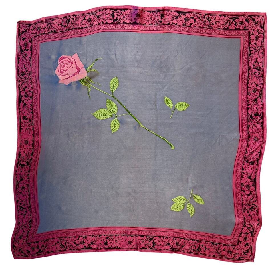 VTG 1950s &quot;A Rose&quot; Silk Charmeuse Scarf 30&quot; Square Gorgeous Pink &amp; Gray - $47.52