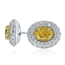 1.85 CT Oval Double Halo Natural Fancy Yellow Diamond Stud Earrings 14k Gold - £3,375.05 GBP