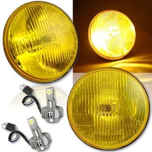 7&quot; Yellow Stock Glass Headlight H4 LED Fog Light Lamp Bulb Pair Fits 1976-2016 - £92.63 GBP