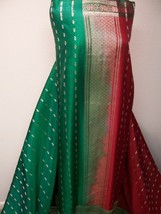 Unusual Designer Pure Silk Indian Sari 1/2 Green 1/2 Red W/ Metallic Gold 5yds - £190.96 GBP