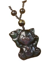 Natural rainbow Obsidian crystal Fortune lucky cat Amulet or - £43.36 GBP