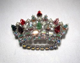 Vintage B. David Crown Rhinestone AB Crystal &amp; Faux Pearl Brooch C3543 - £38.63 GBP