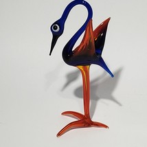 Lampwork Hand Blown 5&quot; Glass Heron Crane Blue Orange Red Figurine - £14.61 GBP