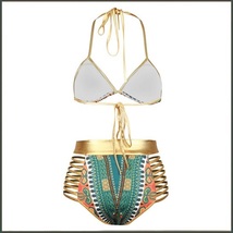 Green Design Pattern Halter Top High Waist Gold Straps Bandage Bikini Swim Suit image 3